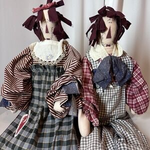 Vtg 36" Handmade Primitive Folk Art Rag Dolls Pair Country Americana Decor LARGE